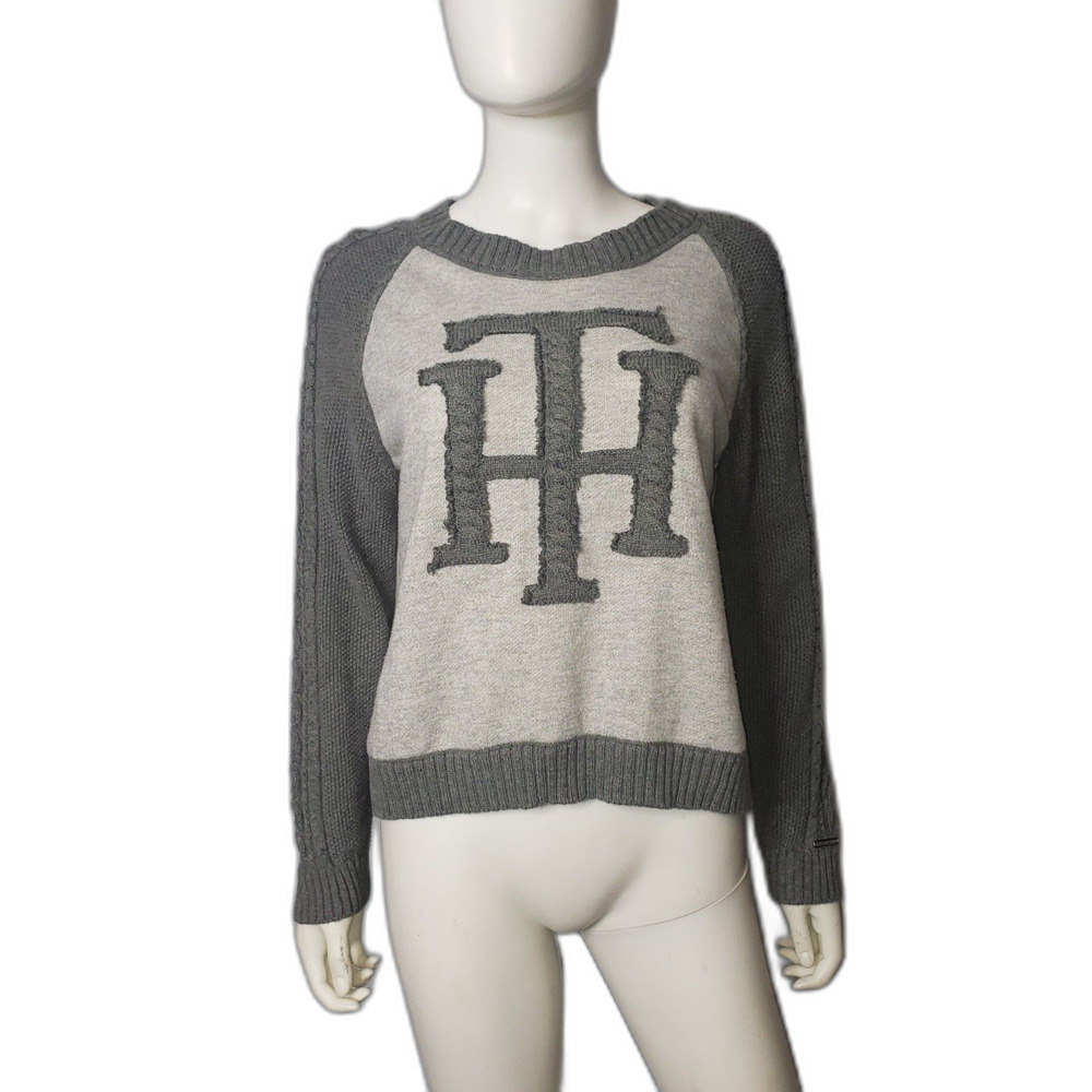 TOMMY HILFIGER Gray Monogram Logo Sweater Womens Size Large